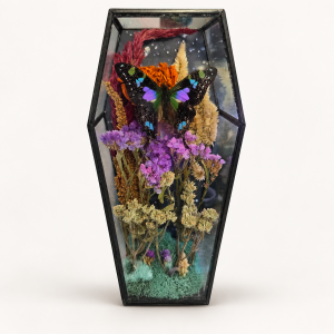 Small coffin filled with a butterfly and flowers